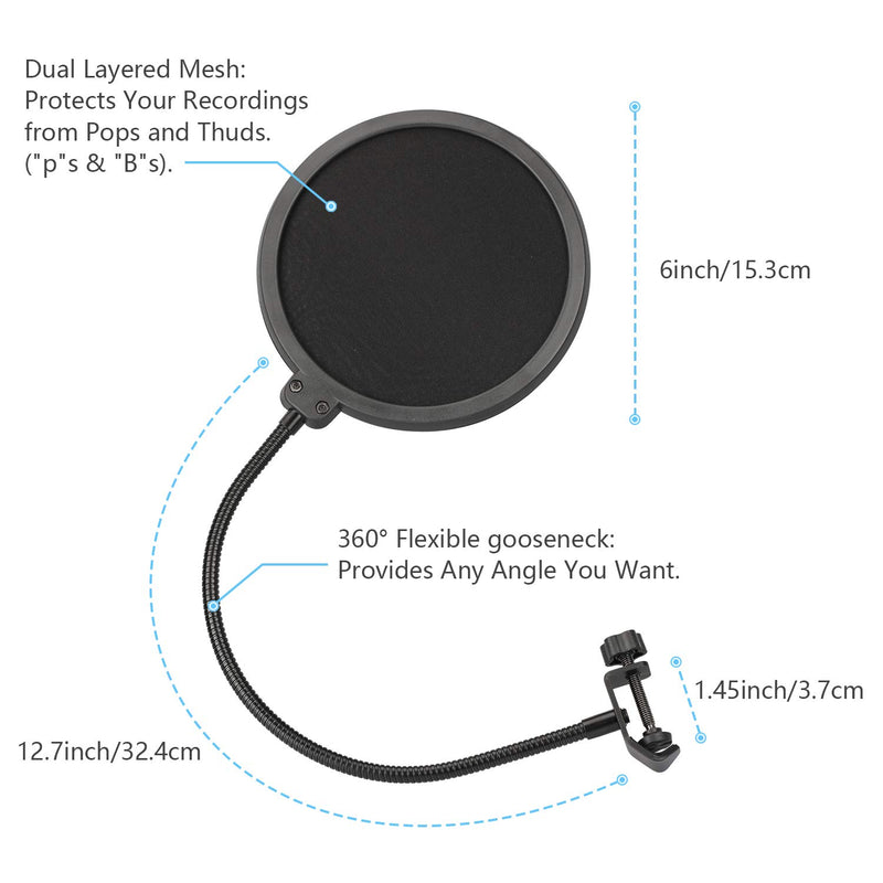 Pop Screen Microphone Pop Filter for Blue Yeti and Any Other Microphone Dual Layered With Flexible 360° Gooseneck and Metal Stabilizing