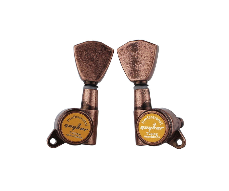 Guyker Guitar Locking Tuners (3L + 3R Handed) - 1:18 Models Rear Lock String Tuning Key Pegs Machine Head with Trapezium Button Antique Bronze, GK04SP