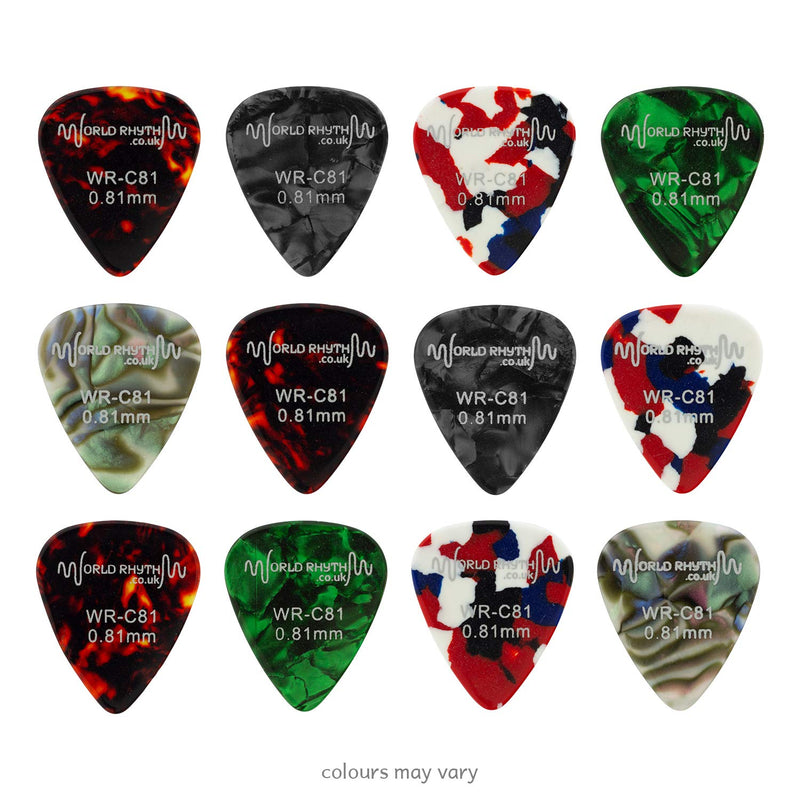 World Rhythm WR-C81 0.81mm Guitar Picks - 12 Celluloid Guitar Plectrums & Storage Tin - Range of Colours/Designs 0.81 mm