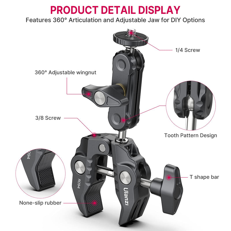 ULANZI Super Clamp Camera Clamp Mount Monitor 360° Ballhead Magic Arm Double Ball Head Adapter with 1/4"-20 & 3/8"-16 Thread for Canon Nikon DSLR Camera/Gopro/LED Lights/Ronin-M/Ronin MX/Freefly MOVI Gopro Adapter Kit