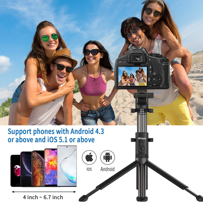 Mituyo Extended Version Tripod 4 in 1 Bluetooth Selfie Stick with Wireless Remote Shutter Compatible with iPhone 12 Pro Max/11/X/8/7, Galaxy S20, Huawei, Other Smartphones and Camera Camera Black