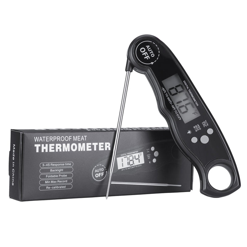 Meat Thermometer, AIBIS Ultra Fast Instant Read Thermometer with Collapsible Probe and Magnet Waterproof Kitchen Cooking Thermometer for Outdoor BBQ Fork Grill Smoker Fry Food, Black