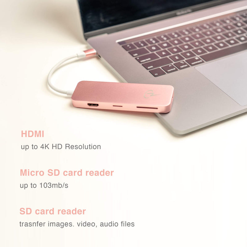 CharJenPro USB C Hub for iPad Pro, iPad Air 4, iPad Mini 6, MacBook Pro 16", 15", 13", MacBook Air 13", USB C Power, HDMI 4K, 3 USB 3.0, microSD, SD Card Reader Rose Gold