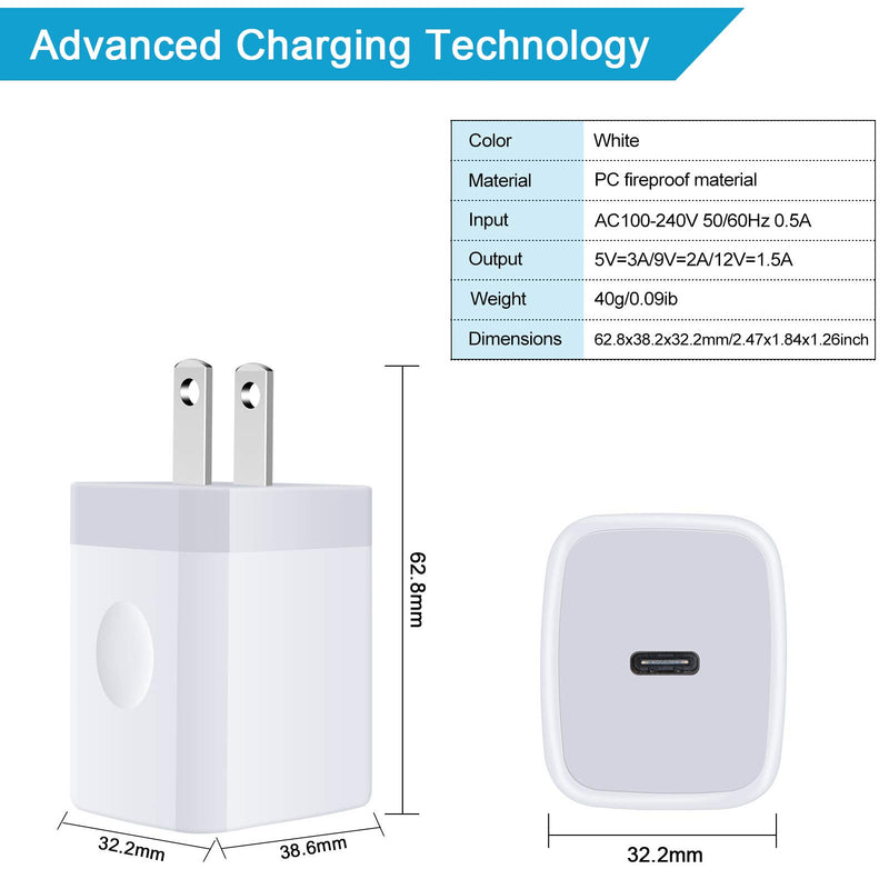 USB C Wall Charger, 2Pack 20W 3.0 Fast PD Charger Plug Power Delivery Adapter Type C Charging Block Compatible with iPhone 11/11 Pro Max/SE, Samsung Galaxy Note 20 Ultra S20 S10 Plus, Pixel 4XL 3XL