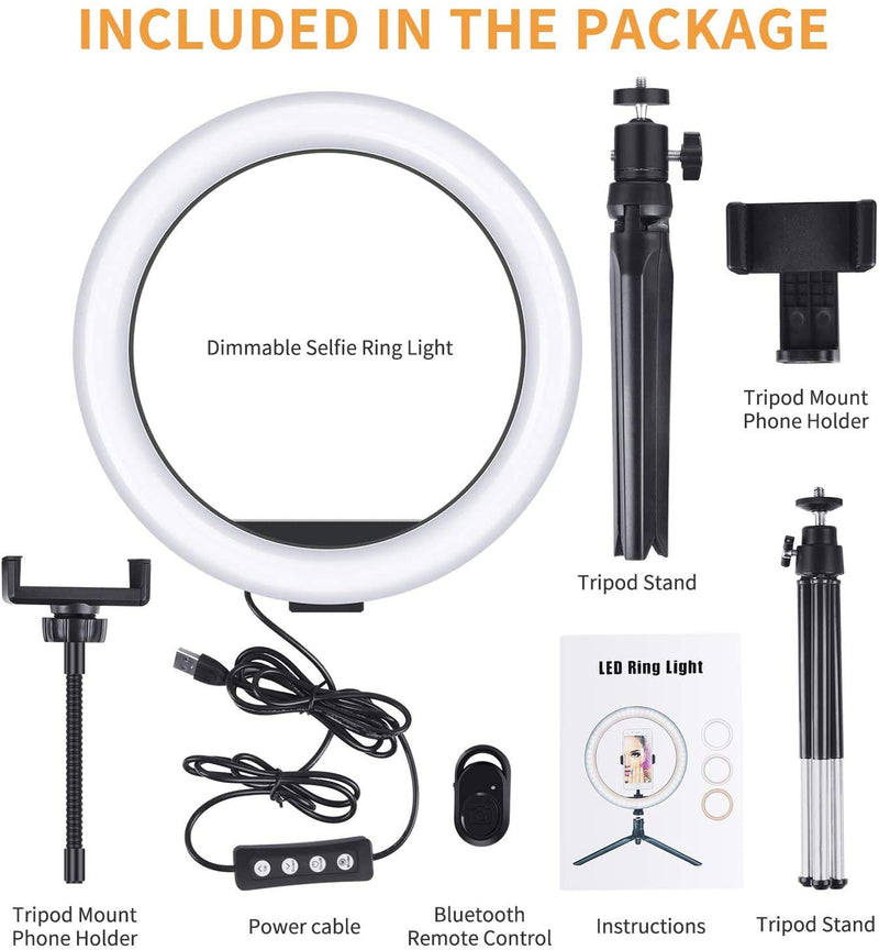 10 Inch Ring Light, Selfie LED Ring Light with Tripod Stand, Phone Holder & Remote Control, Dimmable Desk Makeup Light for Live Streaming, Video Making, Photography, 3 Light Modes & 10 Brightness