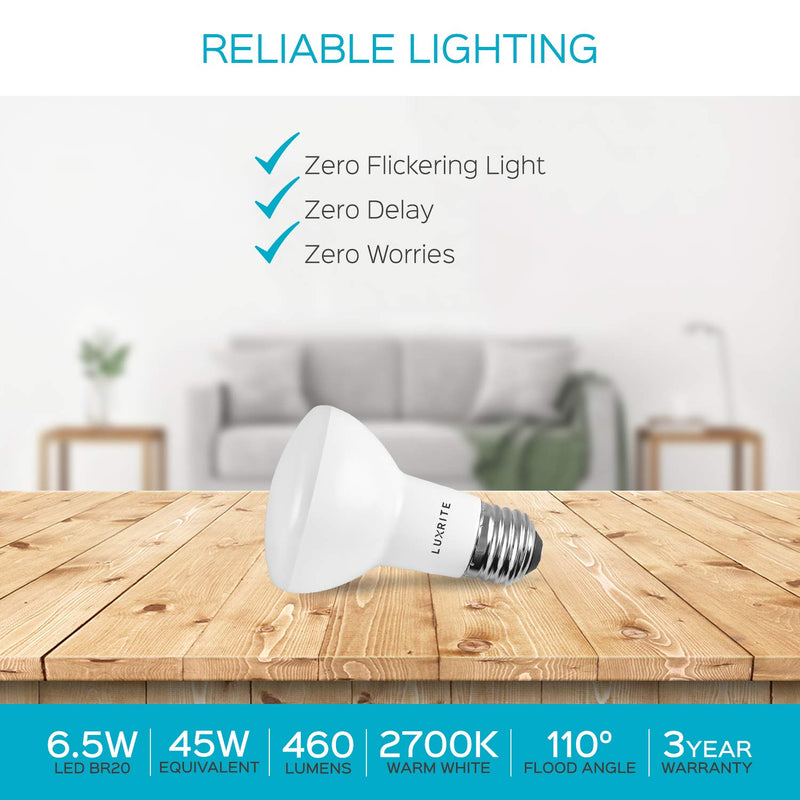[AUSTRALIA] - Luxrite BR20 LED Bulb, 45W Equivalent, 2700K Warm White, Dimmable, 460 Lumen, R20 LED Flood Light Bulb 6.5W, Energy Star, Damp Rated, E26 Base, Perfect for Recessed and Track Lighting (4 Pack) 4 Pack 2700K (Warm White) 