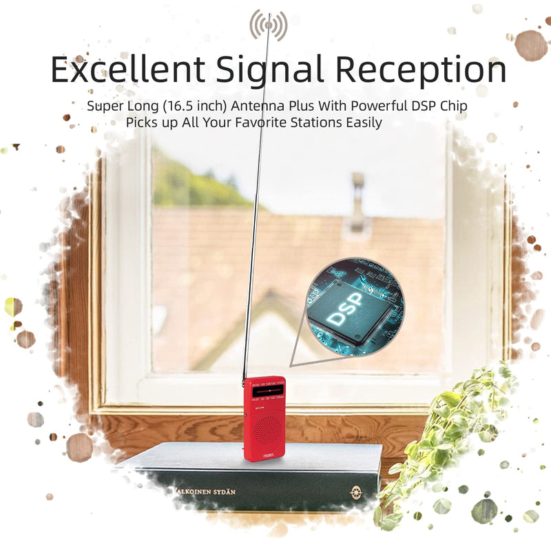 PRUNUS J-166 Small Transistor Radio AM FM, Battery Operated Radio with Tuning Light, Back Clip, Excellent Reception for Indoor & Outdoor & Emergency Radio, Small Radio, Portable Radio Red