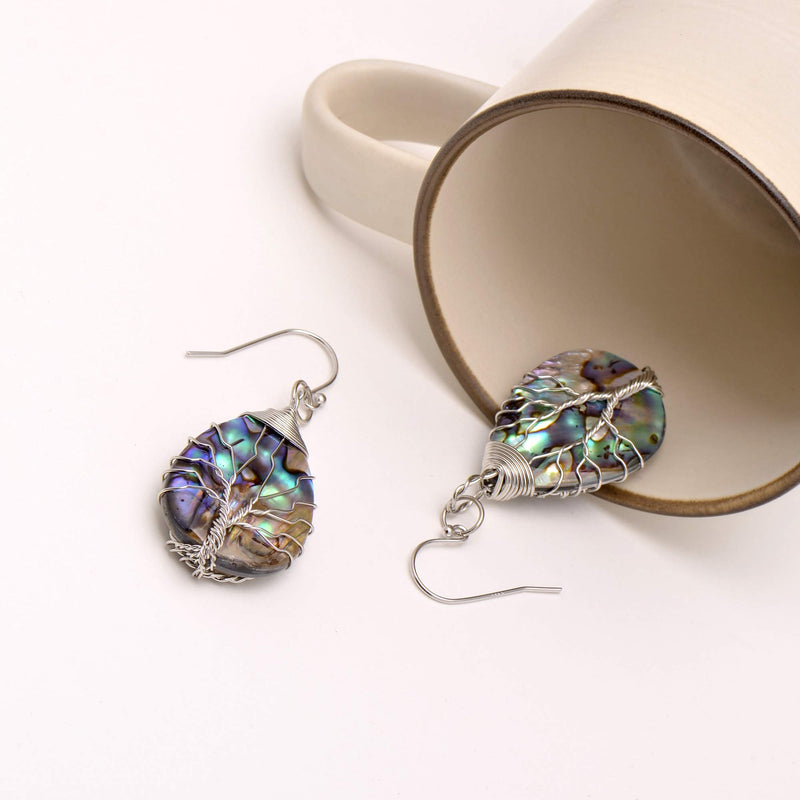 Tree of Life Hand Wrapped Sea Abalone Shell Earrings for Women, Sterling Silver French Wire Sterling Silver-White