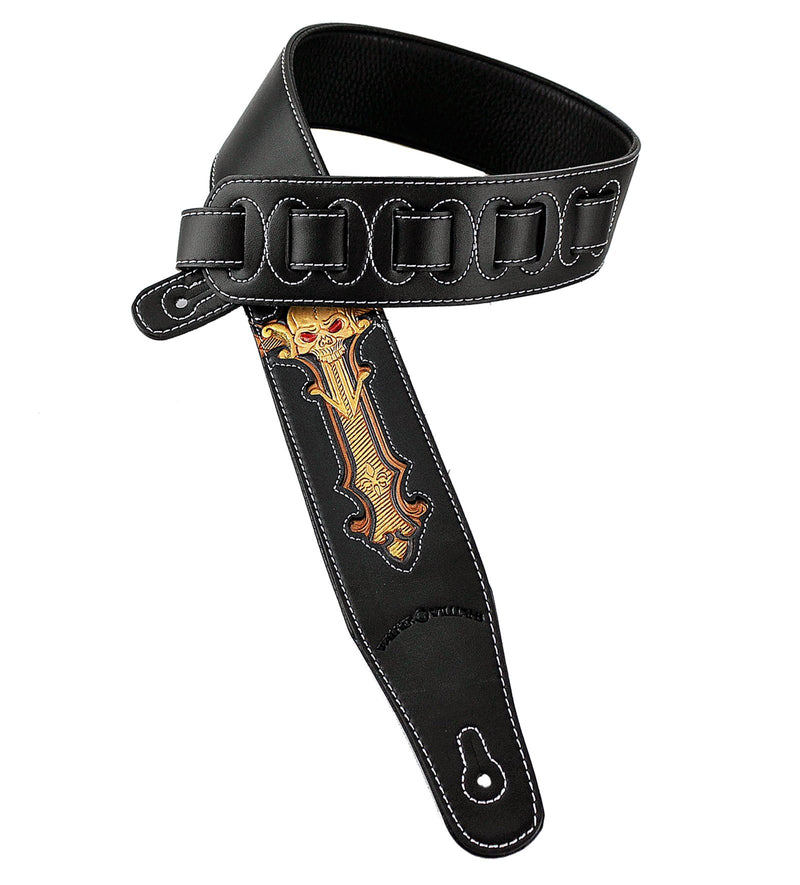 Walker & Williams CVG-24 Black & Gold Guitar Strap Hand Tooled Skull Design