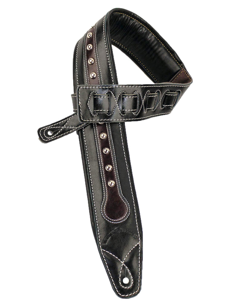 Walker & Williams C-35 CS Black and Brown Premium Top Grain Leather Padded Guitar Strap with Metal Studs