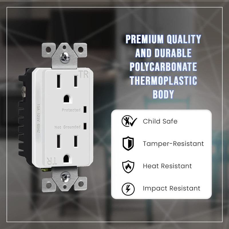 15A 125V, Surge Protector Receptacle with Grounding Indicator By Select-Lighting, Child Safe, Tamper-Resistant, Self-Grounding, 2-Pole, UL Listed, White