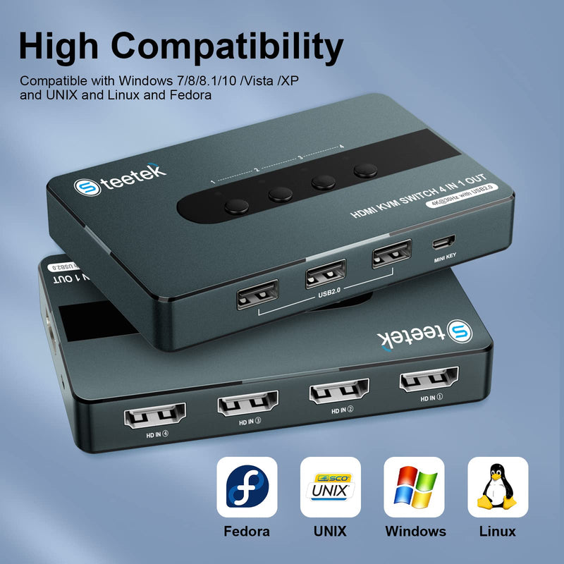 HDMI KVM Switch 4 Computers 1 Monitor, Wired Remote & Button Switching, KVM Switches with UHD 4K@30Hz, 3 USB 2.0 Hub, 4 Port KVM Switch for 4 Computers Share 1 Monitor and 1 Set of Keyboard Mouse