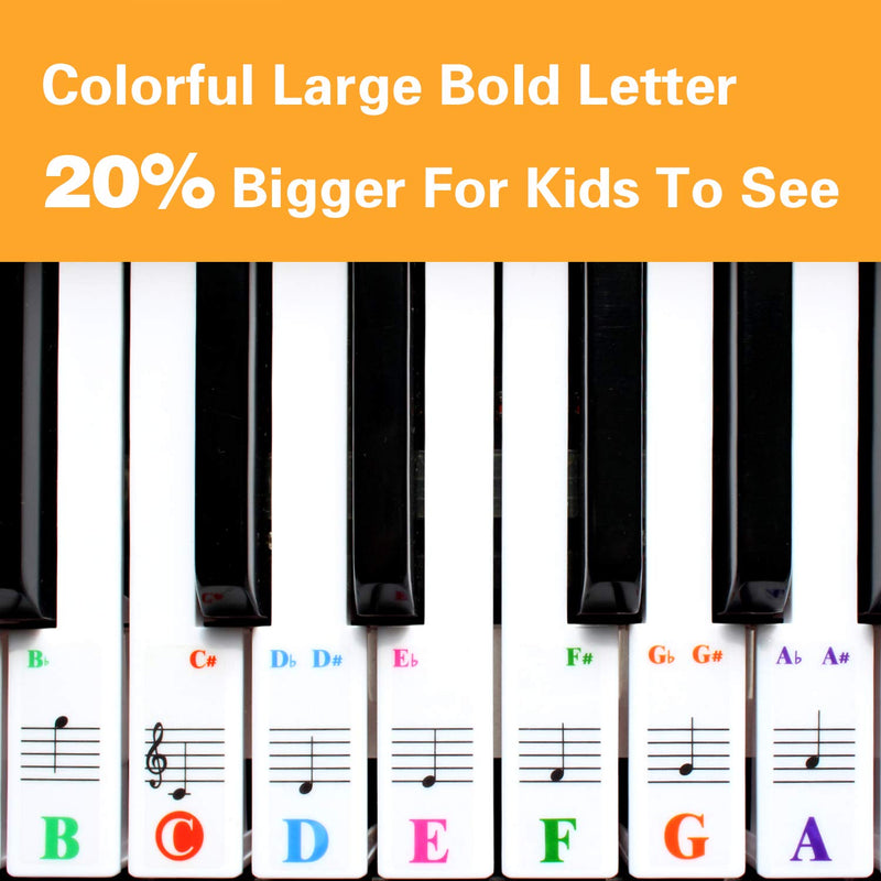 Piano Keyboard Stickers Specially for 61/54/49/37 Key.Colorful Bigger Letter,Thinner Material,Transparent Removable,with Cleaning Cloth 61 Keys Large Letter Multi-Colored