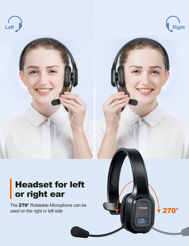 TECKNET Bluetooth Trucker Headset with Microphone Noise Canceling Wireless On Ear Headphones, Hands Free Telephone Headset for Cell Phone Computer Office Home Call Center Skype (Black) Black