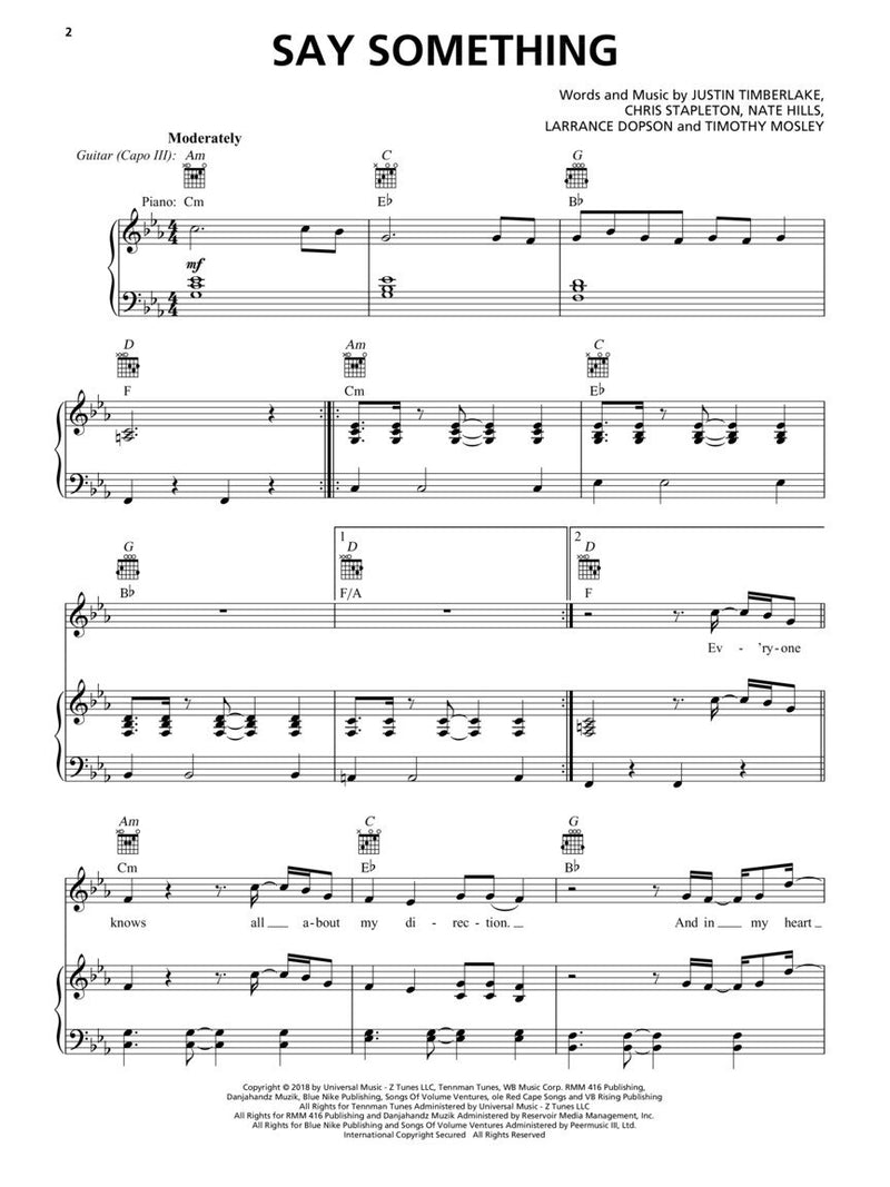 Justin Timberlake feat. Chris Stapleton - Say Something - Piano/Vocal/Guitar Sheet Music Single