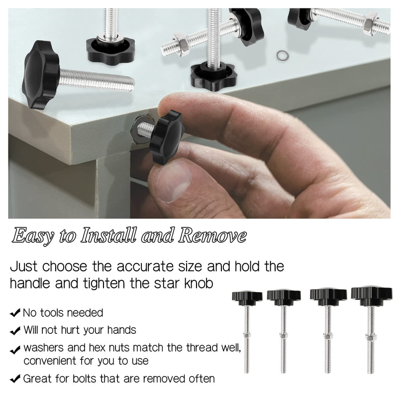 28 Sets M4 M5 M6 M8 Star Knobs Thread Replacement Star Hand Knob Tightening Screw Clamping Screw Knob with 28 Hex Nuts and 28 Flat Washers, Plastic Star Knobs Quick Removal Replacement Parts