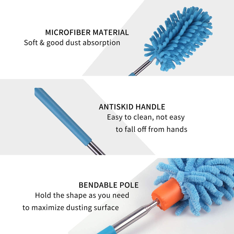 Microfiber Duster for Cleaning, Dusters with Telescoping Extension Pole, Extendable Washable Mini Dusters for Cleaning Car, Window, Furniture, Office (Blue and Grey) Blue and Grey