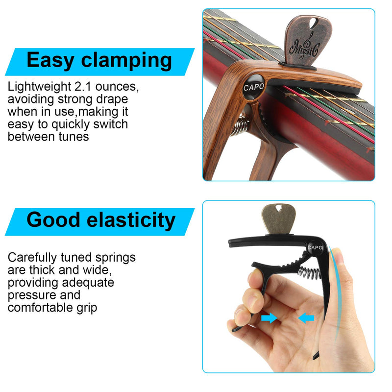 2 Pieces 3 in 1 Guitar Capo Zinc Metal Instrument Capo with 4 Pieces Guitar Picks for 6 String Acoustic and Electric Guitars Banjo Ukulele Bass Mandolin