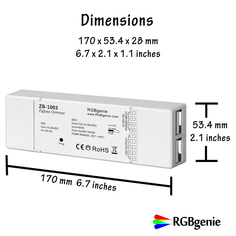 Zigbee LED Controller for LED Strip Lights. Dimmer and Repeater, 4 Channels at 5 Amps each, 720 Watts, RGBgenie ZB-1003