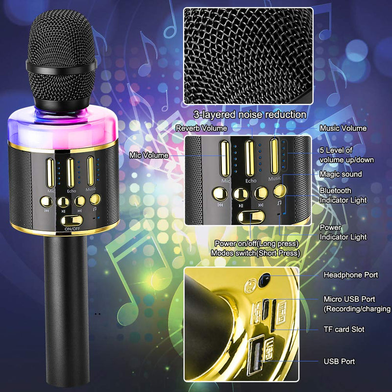 [AUSTRALIA] - Wireless Karaoke Microphone Machine Toy- Amazmic Handheld Bluetooth Microphone for Karaoke with Lights, Gift for Kids Boys/Girls/Adults Birthday,Thanksgiving, Christmas Home KTV(Black Gold) Black Gold 