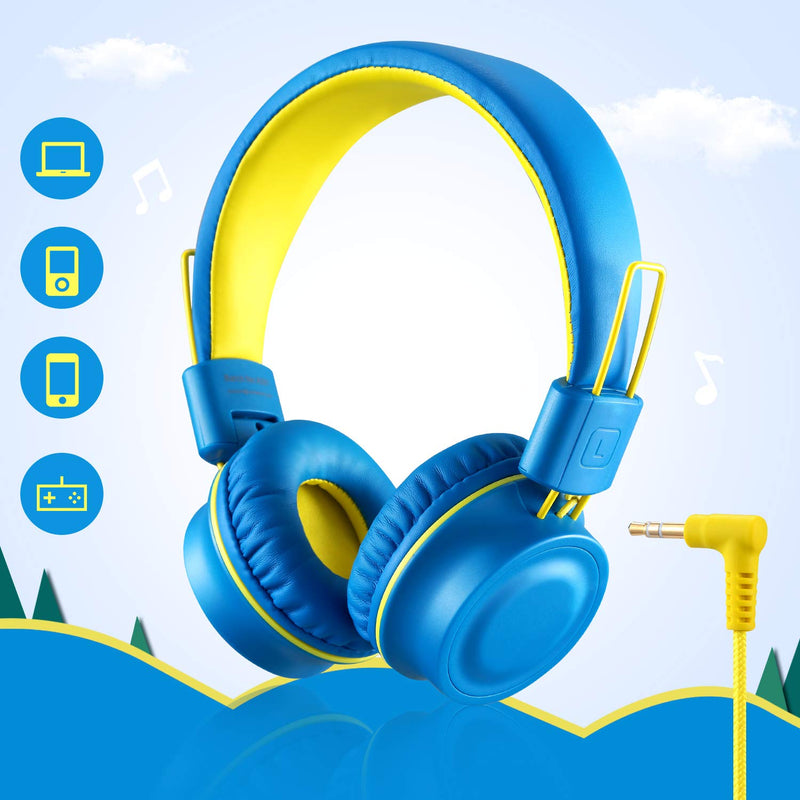 Kids Headphones-noot products K33 Foldable Stereo Tangle-Free 5ft Long Cord 3.5mm Jack Plug in Wired On-Ear Headset for iPad/Amazon Kindle,Fire/Boys/Girls/School/Travel/Plane/Tablet (Electric Blue) Electric Blue