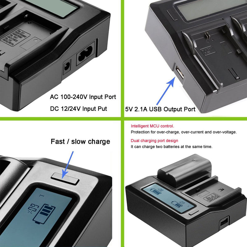 Dual Channel LCD Display Charger for Sony NP-F550 NP-F570 NP-F750 NP-F770 NP-F930 NP-F950 NP-F960 NP-F970 NP-FM55H NP-FM500H NP-QM71 NP-QM91 NP-QM71D NP-QM91D Camcorder Batteries NP-F970LCD