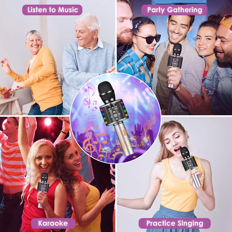 GLIME Karaoke Wireless Microphone bluetooth Portable Handheld LED Lights Speaker Radio Camera Shutter Remote Control Recording Song Compatible with Android & iOS Devices for Kids Christmas Gifts Black