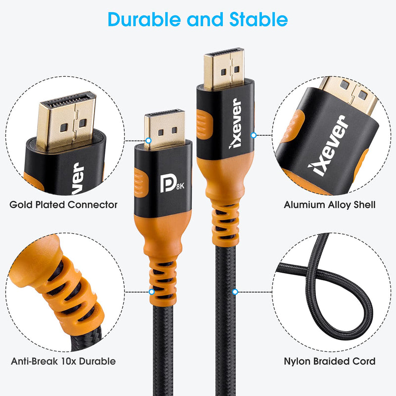8k DisplayPort Cable [16FT/5M], IXEVER 1.4 DisplayPort to DisplayPort Nylon Braided Cable Long Support [4K@144Hz, 8K@60Hz] 32.4Gbps HBR3 HDR10 HDCP 2.2 for Monitor, TV, Project 16FT
