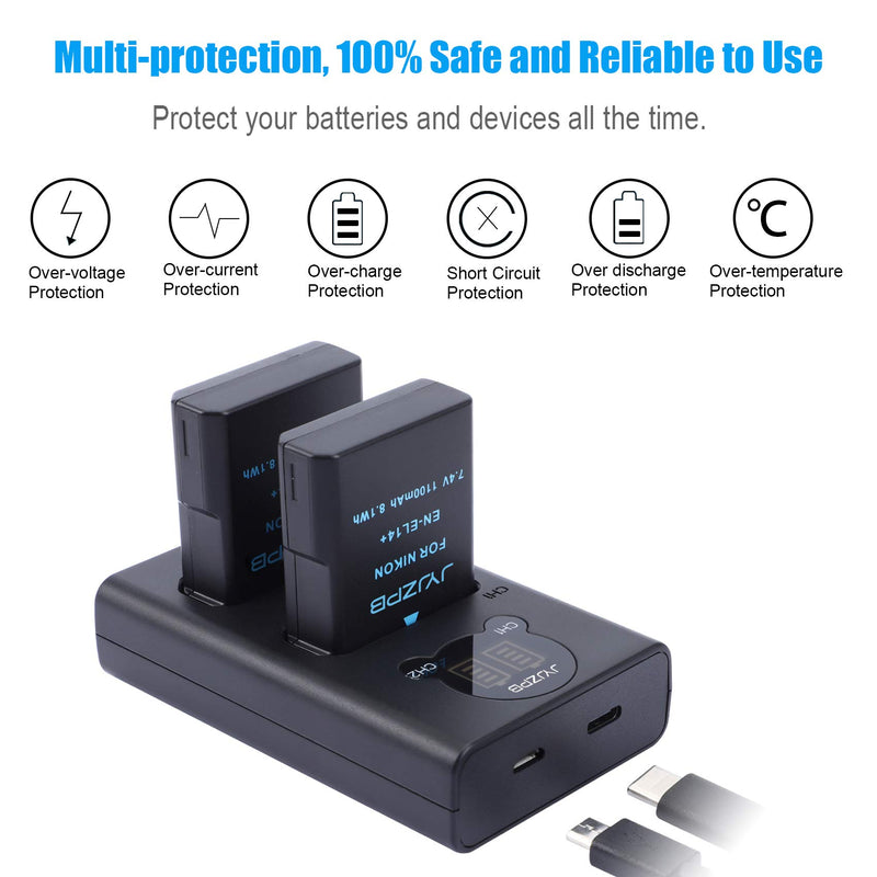 JYJZPB EN-EL14 EN-EL14a Battery Replacement 2 Pack and Nikon Battery Charger for Nikon D3400 D3300 D5100 D5300 D3500 D3200 D5200 D3100 D5500 D5600 Df Coolpix P7800 P7700 P7200 P7100 P7000