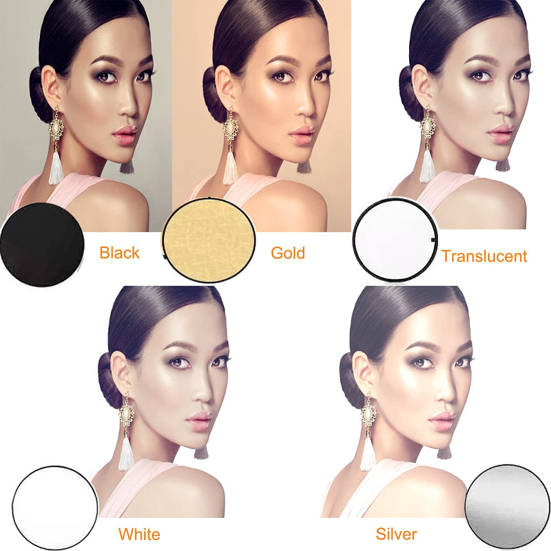 Photography Reflector with Clip 24 Inch 5 in 1 Photo Light Collapsible Diffuser with Bag & Reflector Holder for Studio Photography Outdoor Lighting Translucent Silver Gold White Black 24inch/60cm