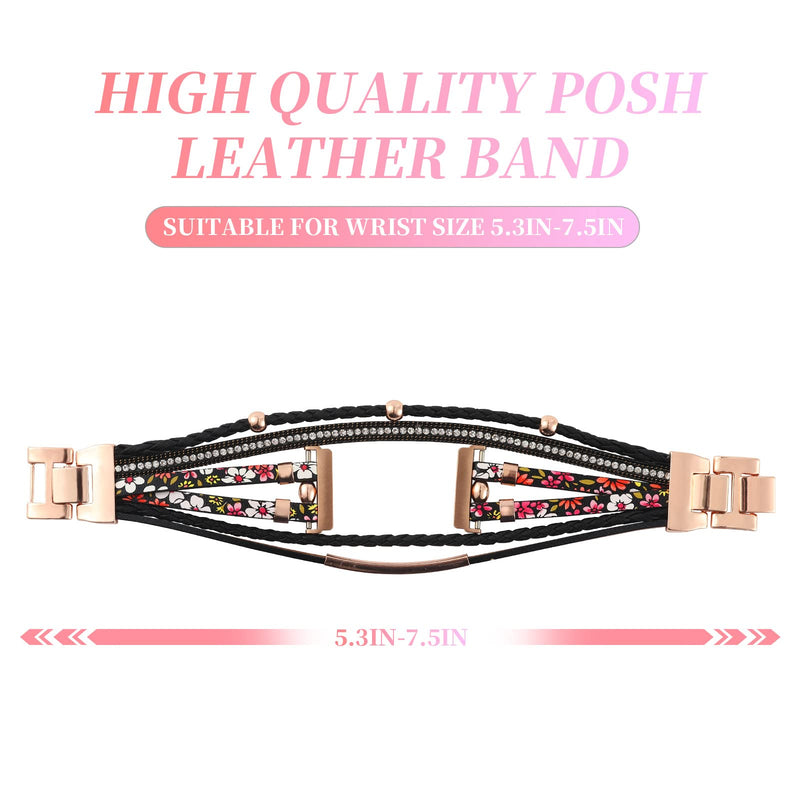 Posh Leather Bands Compatible With Fitbit Versa/Fitbit Versa Lite/Fitbit Versa 2 Bands for Women, Handmade Multilayer Wrap Bracelets Jewelry Strap Wristband for Fitbit Versa Smart Watch Black Pink Floral