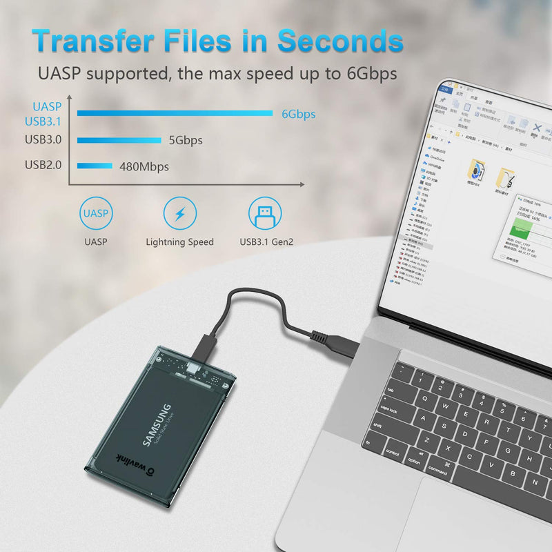WAVLINK 2.5" Hard Drive Enclosure, USB C 3.1 Gen 2 to SATA External Hard Disk Case Clear for 9.5/7mm HDD SSD w/UASP 6Gbps 4TB Tool Free for WD Seagate Toshiba Samsung Hitachi PS4 Xbox Router SATA HDD Enclosure