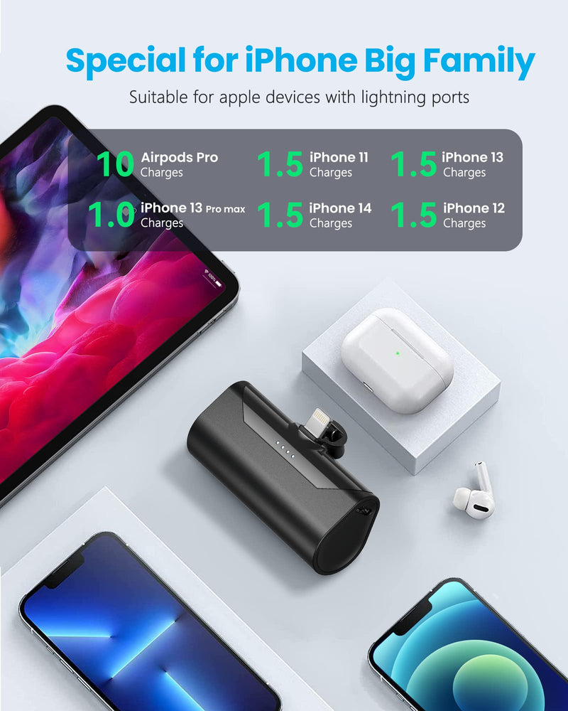 Small Portable Charger for iPhone 4800mAh Power Bank Ultra-Compact 15W Mini Battery Pack Battery Bank Charger Compatible with iPhone 14 Pro/13/12/11/8/iPad Air/Mini/Pro/AirPods Pro I/II(Black) Black