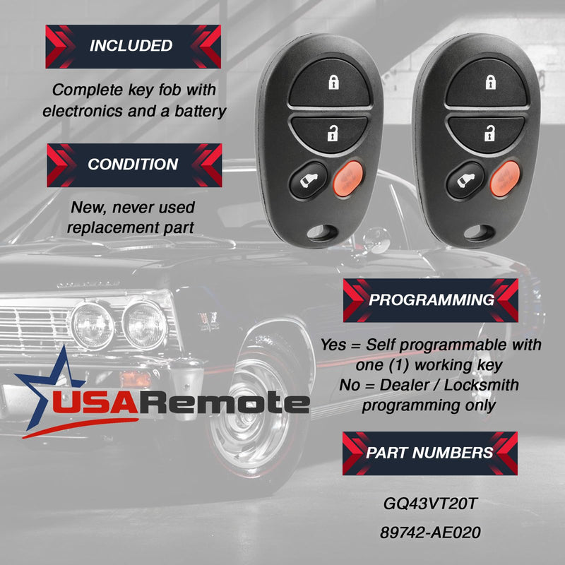 USA Remote Replacement Fits Toyota Sienna Van Key Fob Control 4btn GQ43VT20T Set of 2 Two