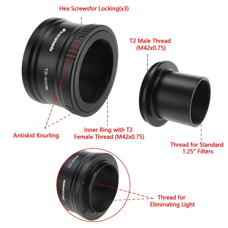 Astromania Canon EOS-M T2 Mount Lens Adapter and M42 to 1.25" Telescope Adapter (T-Mount) for Canon EOS-M Camera System Telescope/Spotting Scope Accessories Ring Set for Canon EOS-M