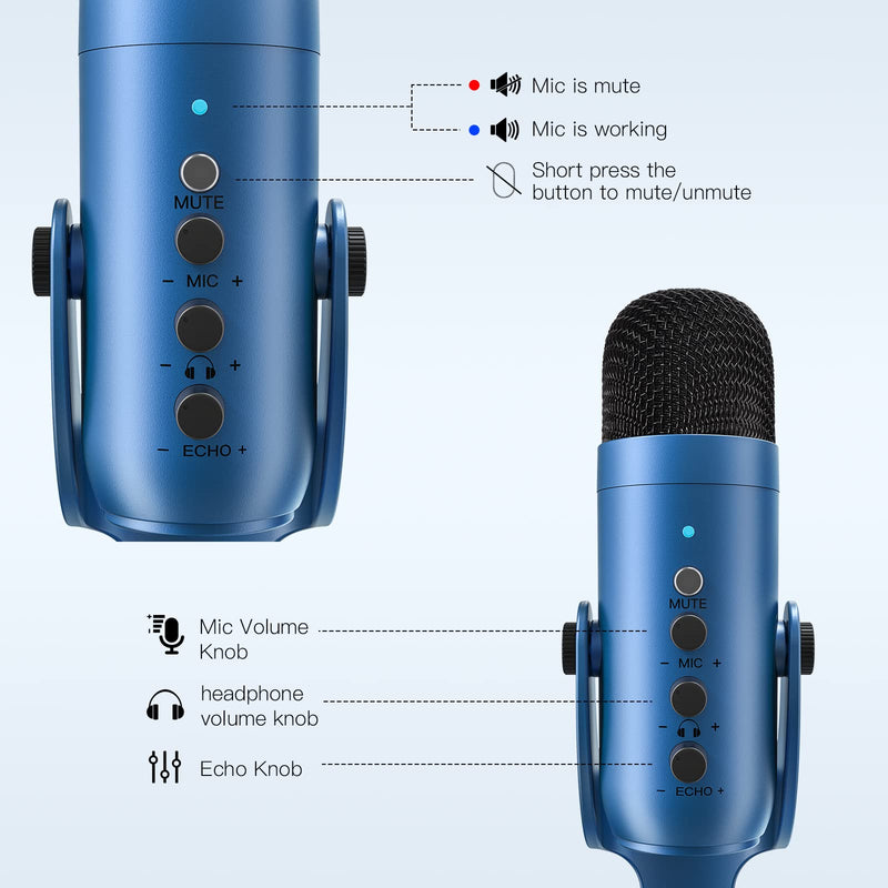 ZealSound USB Microphone,Condenser Gaming Mic for Phone/Laptop/PC/PS4/5/Computer,Microphone with Gain Knob,LED Mute,Monitor Volume Adjustment,Stand Base for Streaming, Podcast, Studio Recording (Blue) Blue