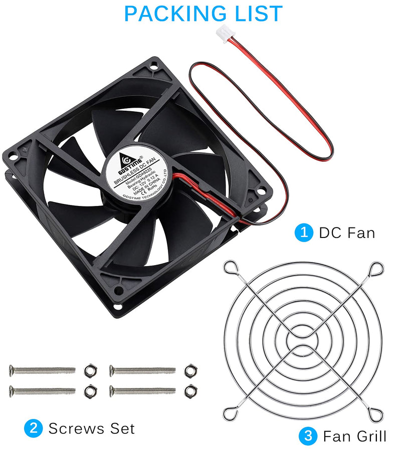 GDSTIME 92mm x 92mm x 25mm 90mm 3.6 Inches 12v Brushless Dc Cooling Fan 2 Pin Sleeve Bearing