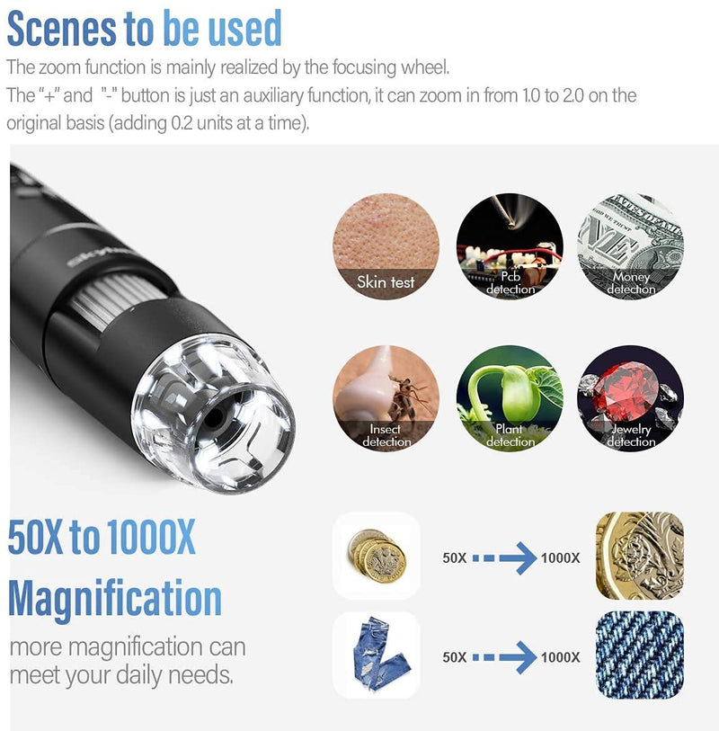 Wireless Digital Microscope, Skybasic 50X-1000X Magnification WiFi Portable Handheld Microscopes with Adjustable Stand HD USB Microscope Camera Compatible with iPhone Android iPad Windows Mac Computer Black