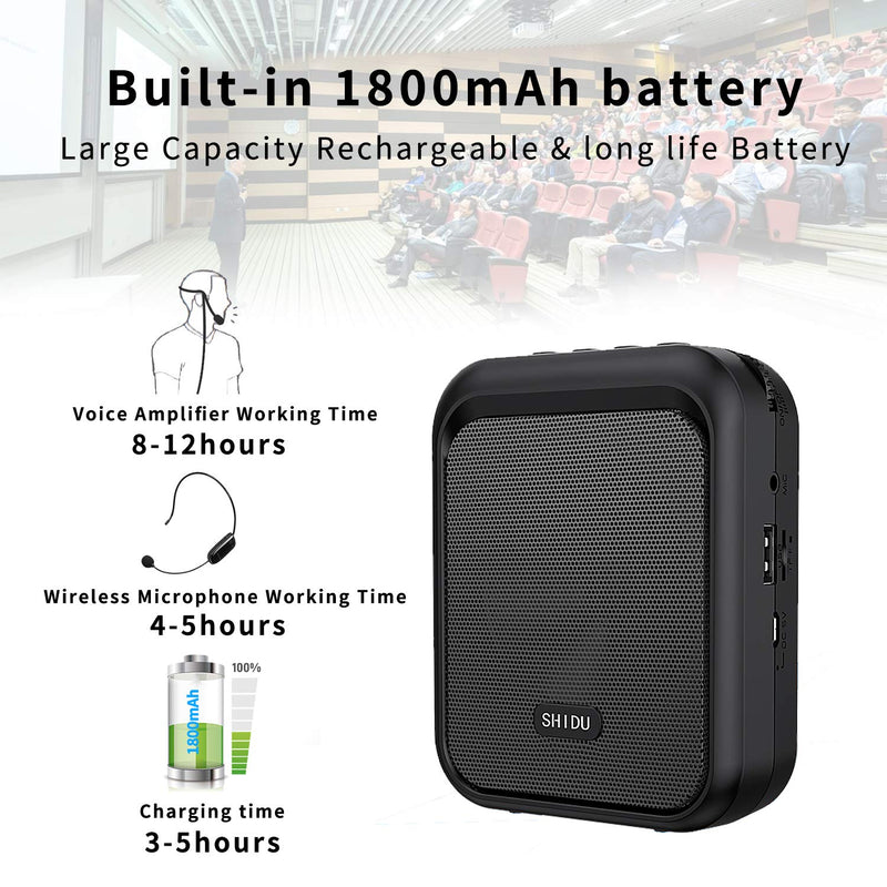 SHIDU Mini Voice Amplifier Portable Bluetooth Speaker with UHF Wireless Microphone Headset 10W 1800mAh PA system Supports MP3 Format Audio for Teachers, Taxi Drivers, Coaches, Training, Tour Guide