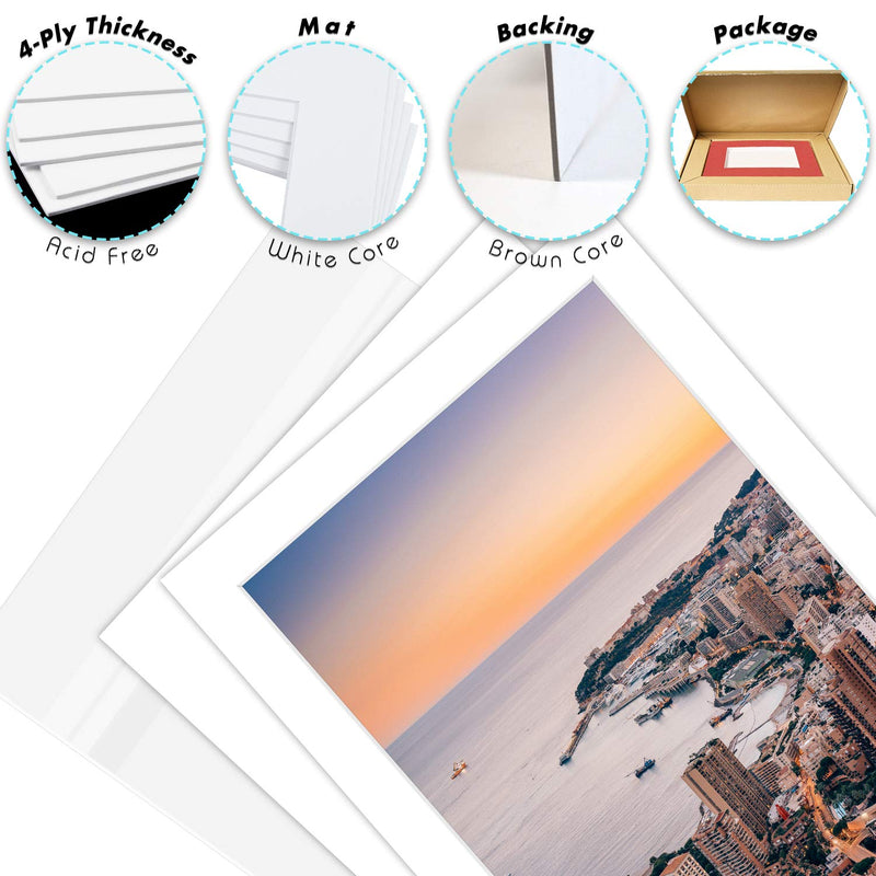 Golden State Art, Pack of 10 White Pre-Cut 5x7 Picture Mat for 4x6 Photo with White Core Bevel Cut Mattes Sets. Includes 10 High Premier Acid Free Bevel Cut Matts & 10 Backing Board & 10 Clear Bags 5" x 7" 10-Pack Complete Set