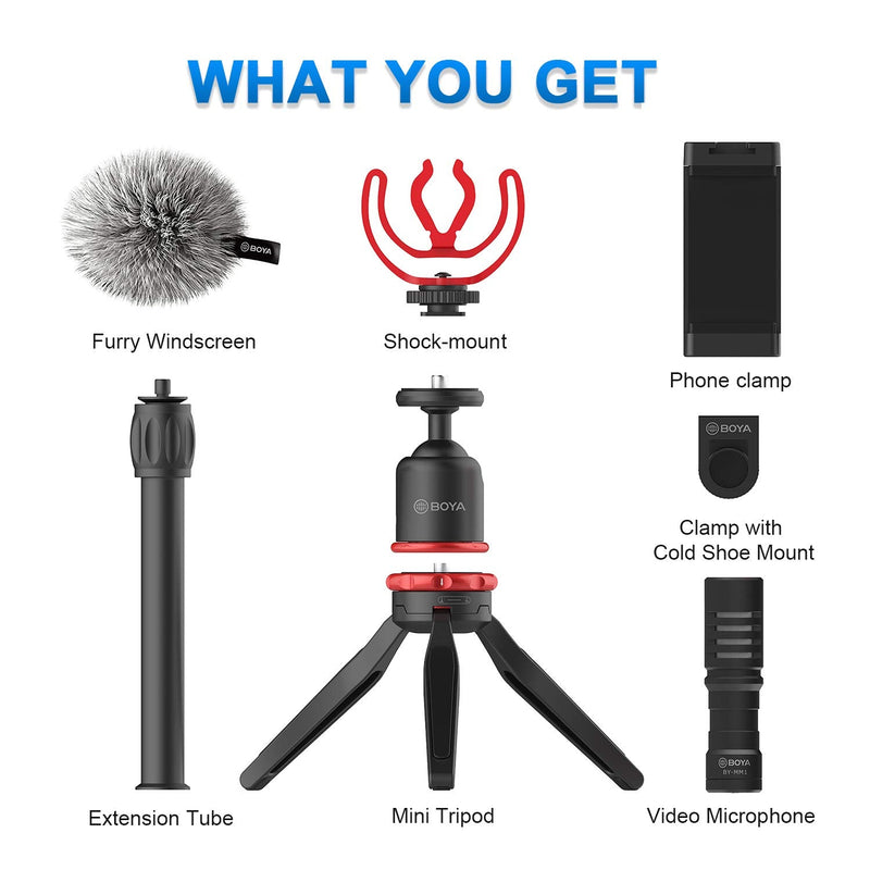 BOYA BY-VG330 Smartphone Video Rig with Mini Tripod, Extension Tube, and Video Microphone Compatible with iPhone 13 12 11, 11 Pro, XS, X, and Android - for YouTube, TIK Tok, Facebook, Vlogging