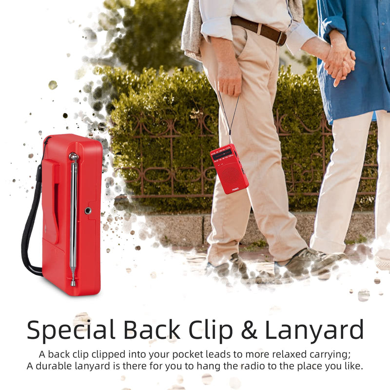 PRUNUS J-166 Small Transistor Radio AM FM, Battery Operated Radio with Tuning Light, Back Clip, Excellent Reception for Indoor & Outdoor & Emergency Radio, Small Radio, Portable Radio Red