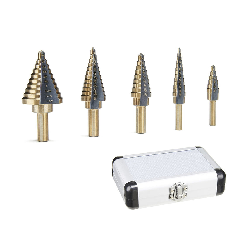 CO-Z Step Drill Bits, HSS 5PCS Titanium Step Drill Bit Set, 50 Sizes in 5 High Speed Steel Unibit Drill Bits Set for Sheet Metal with Aluminum Case, Multiple Hole Stepped Up Bits for DIY Lovers33