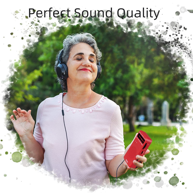 PRUNUS J-166 Small Transistor Radio AM FM, Battery Operated Radio with Tuning Light, Back Clip, Excellent Reception for Indoor & Outdoor & Emergency Radio, Small Radio, Portable Radio Red