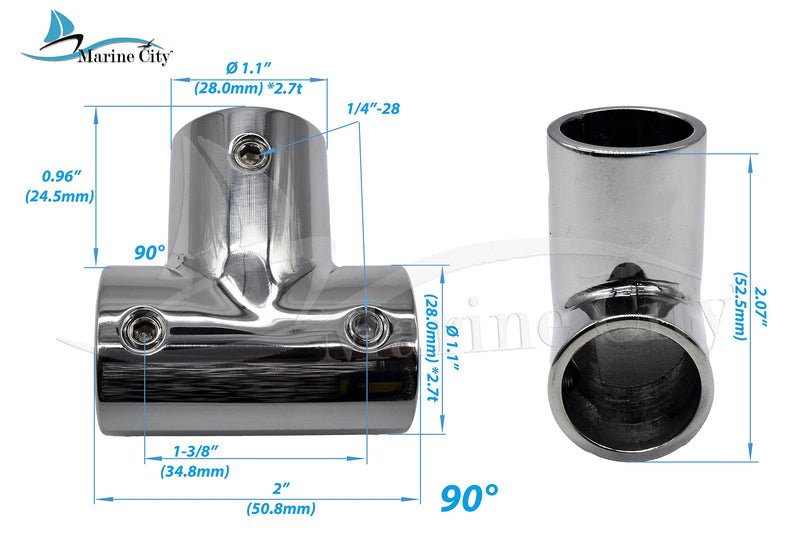 MARIEN City Tee Connector Hand Rail 45° / 60°/ 90°Fittings 3-Ways for 7/8'' Tube Marine Grade Stainless Steel Heavy Duty Boat Hardware (2Pack) 45°