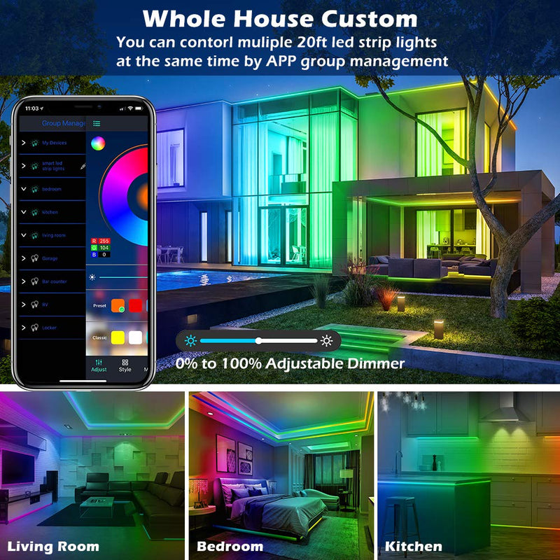 [AUSTRALIA] - Led Strip Lights,20ft Led Light Strips Music Sync Color Changing RGB Led Strip Built-in Mic,Bluetooth App Control LED Rope Lights with Remote,5050 RGB Led Lights for Bedroom,Home,TV,Party,Christmas 20FT (APP+Remote+Mic+3 Button) 