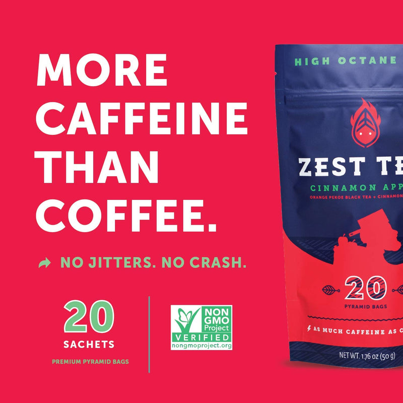 Zest Tea Energy Hot Tea, High Caffeine Blend Natural & Healthy Coffee Substitute, Perfect for Keto, 20 servings (150mg Caffeine each), Compostable Teabags (No Plastic), Cinnamon Apple Black Tea Apple Cinnamon Black Tea