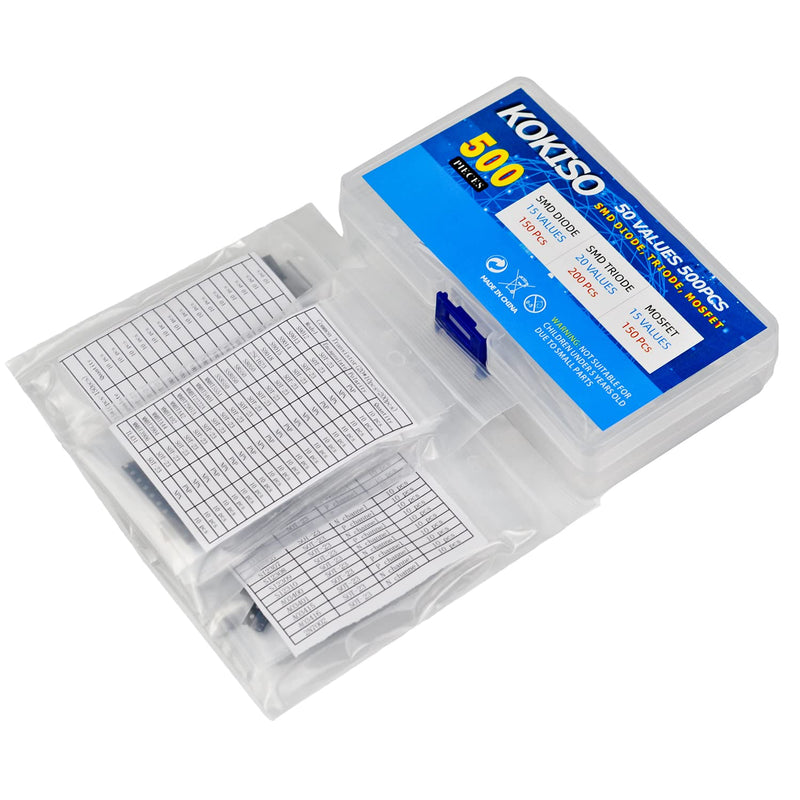 KOKISO 50 Values 500 Pcs Sample Box [15 Values 150 Pcs SMD diode,20 Values 200 Pcs SMD Transistor, 15 Values 150 Pcs SMD MOS] SMD Chip Transistor Assortment Kit