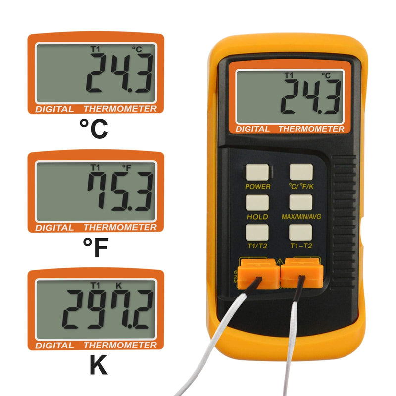 [AUSTRALIA] - Digital 2 Channels K-Type Thermometer 4 Thermocouples Probe Sensor Tester Monitor Wired & Stainless Steel -50~1300°C -58~2372°F Temperature Kelvin Scale Dual Measurement Kit with 4 K- type 