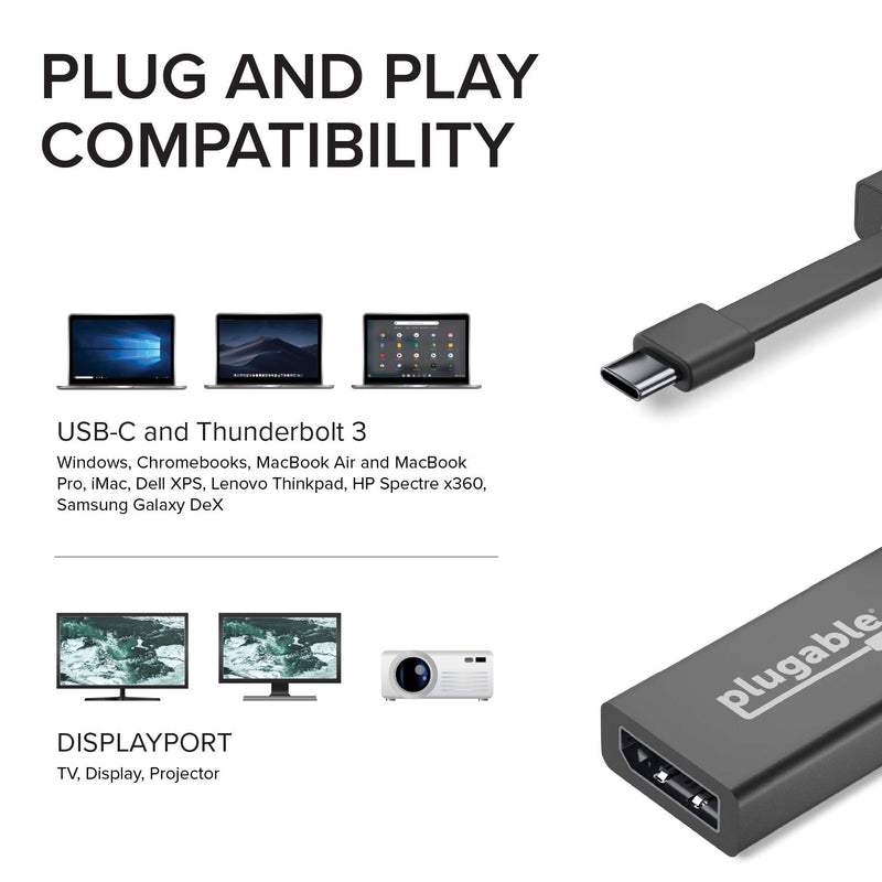 Plugable USB C to DisplayPort Adapter 4K 60Hz, Thunderbolt 3 to DisplayPort Adapter Compatible with MacBook Pro, Windows, Chromebooks, iPad Pro, Dell XPS, and More